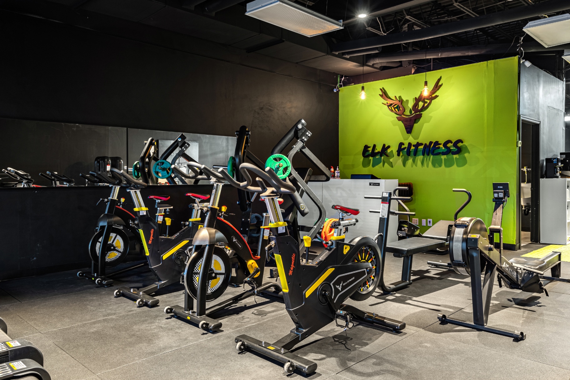 Wide view of spin bikes, rower, and Elk Fitness brand wall