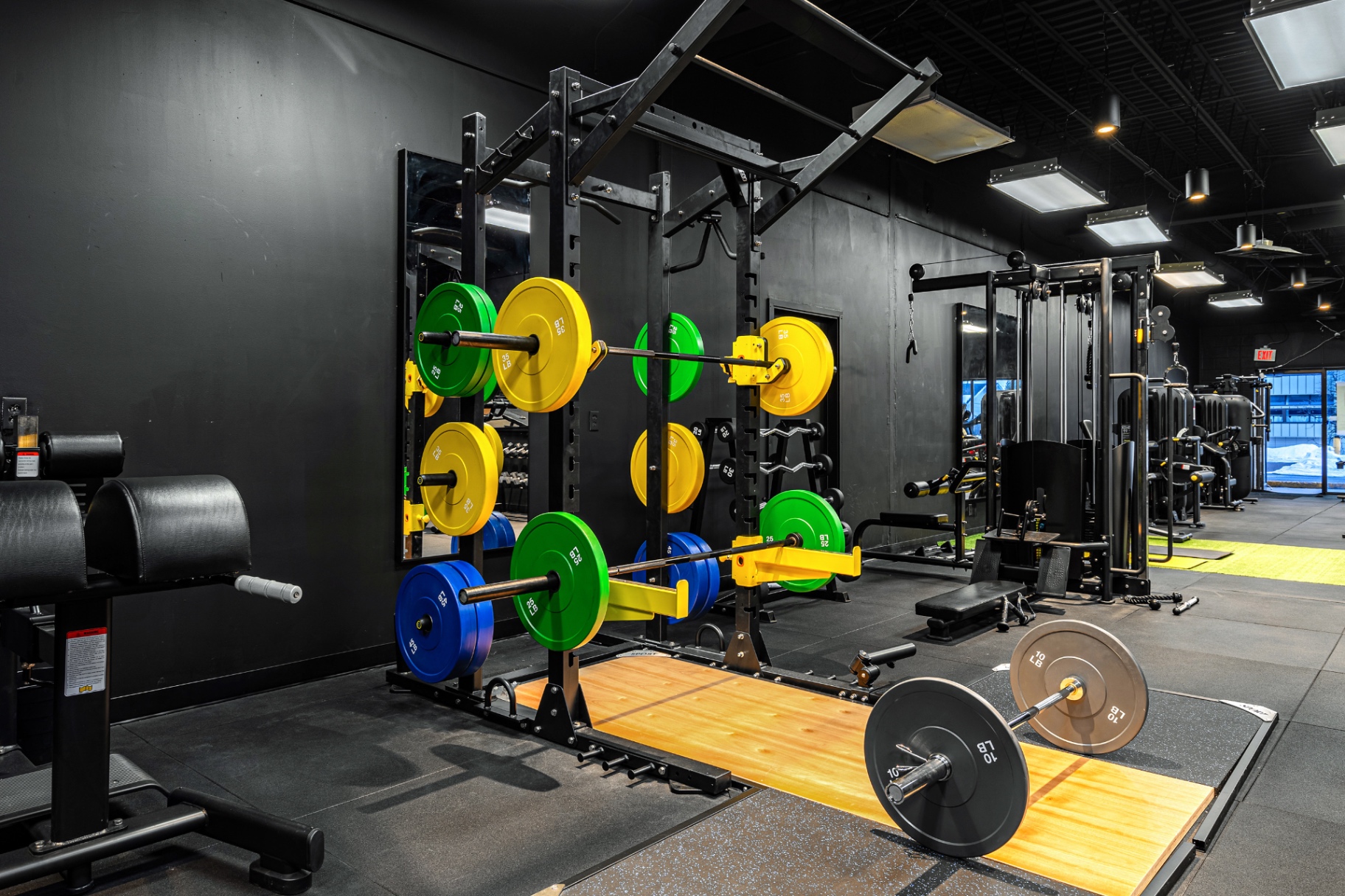 Power rack with colored bumper plates and Olympic lifting platform at Elk Fitness
